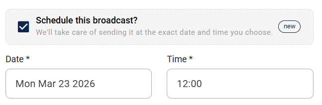 Broadcast schedule controls with date and time fields
