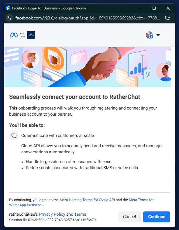 Meta integration screen describing the rather.chat connection