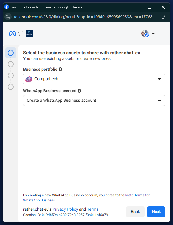 Meta asset selection screen for business portfolio and WhatsApp Business Account