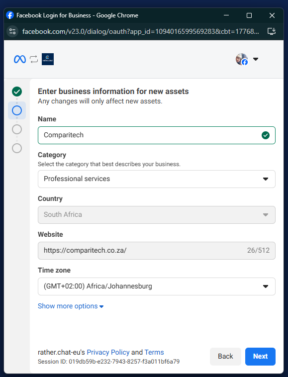 Meta business information form used during WhatsApp setup